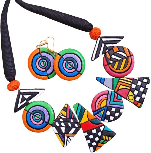 Bold Multicolor Geometric Terracotta Jewelry Set Hand-Painted Clay Necklace with Earrings | Artisan Handmade Statement Boho Jewelry for Women | Gift for Her